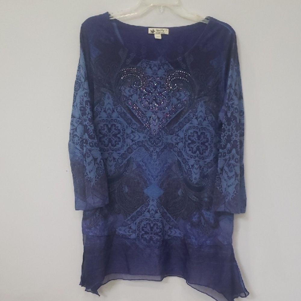Unity World Wear Top Womens L Knit Patterned Rhinestone Tunic Sheer Hem Boho